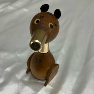 Vintage Mid-Century Teak Wood and Brass Stacking Salt/Pepper Shaker Bear 4.5”